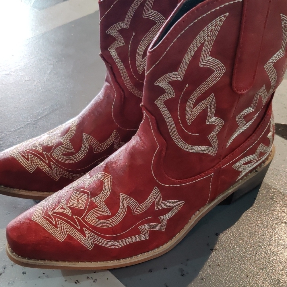 Red Western Cowboy Boots with White Stitching